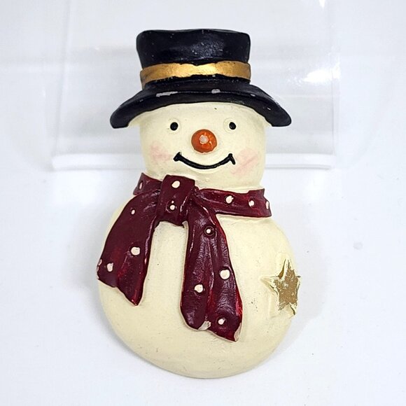 Vintage Resin Black Hat Red Scarf SNOWMAN Snow Man Holiday Christmas Pin Brooch - Picture 1 of 8